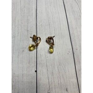 Gold Tone Heart Stud Earrings with Yellow Faceted Drop Dangle 3/4 in